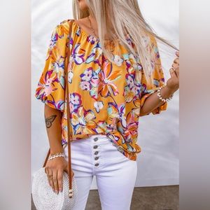 #7 Boho Floral Print Elastic Neckline Top